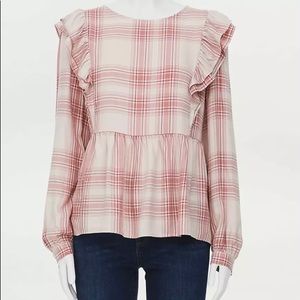 LOFT PLAID PINTUCKED RUFFLE HENLEY BLOUSE